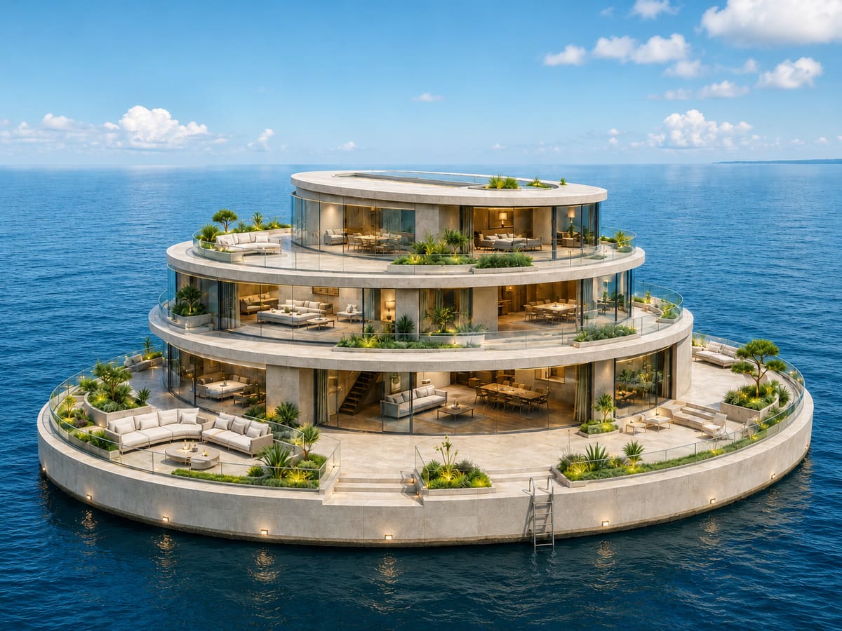 Visualisierung von Eden Island: runde, terrassierte Insel mit umlaufenden Glasfronten, Bepflanzung, Lounge-Terrassen und Badeleiter im blauen Wasser