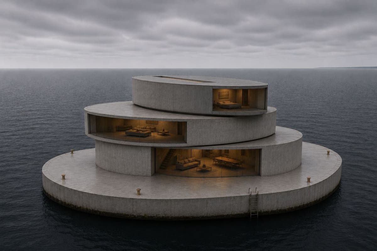 Visualisierung von Eden Island: dreifach gestufte, runde Betoninsel mit warm beleuchteten Innenräumen im offenen Wasser unter grauem Ostseehimmel